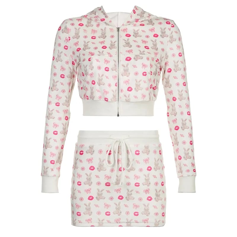 2PCS Rabbit Print Tracksuit Hoodie + Mini Skirt Set