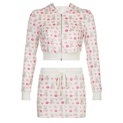 2PCS Rabbit Print Tracksuit Hoodie + Mini Skirt Set