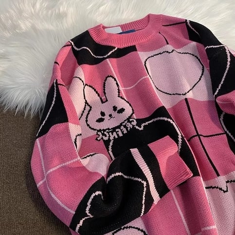 Cute Pink Bunny Rabbit Cartoon Knit Sweater Long Sleeve Pullover Jumper Aesthetic Casual E-Girl Kawaii Korean Japanese Harajuku