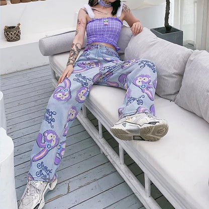Cute Bunny Rabbit Cartoon Print High Waisted Denim Long Wide Leg Jeans Pants Trouser Aesthetic Casual Summer E-Girl Kawaii Korean Japanese Harajuku