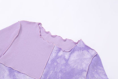 Cute Purple Sequin Ruffle Hem Patchwork Sexy Crop Top Short Sleeve Shirt Tee T-shirt Summer Casual E-Girl Kawaii Korean Japanese Harajuku Streetwear