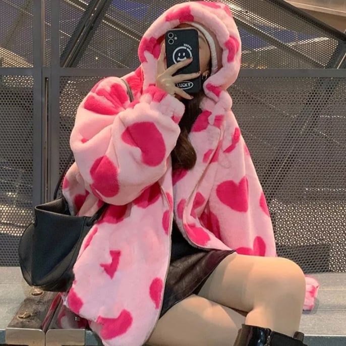 Cute 90s Heart Print Plush Long Sleeve Jacket Hoodie Sweater Coat Aesthetic Casual E-Girl Kawaii Korean Japanese Harajuku