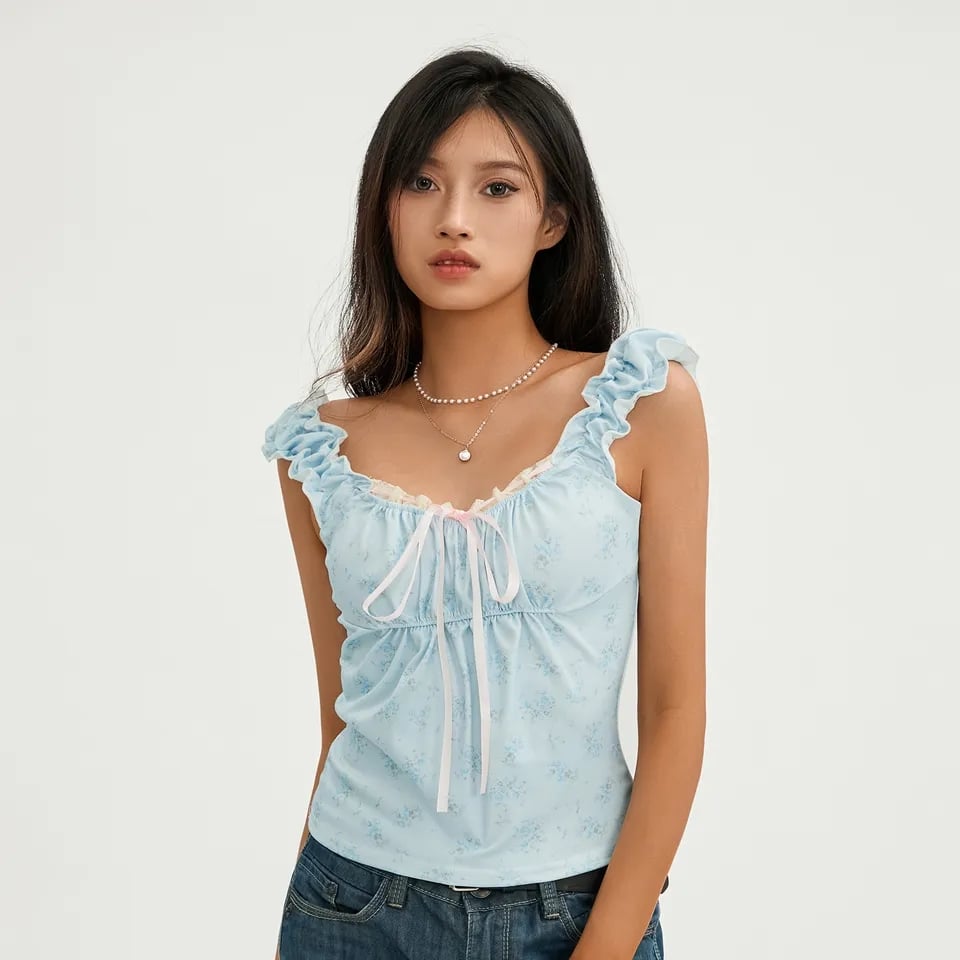 Blue Floral Lace Cottage Tank Top