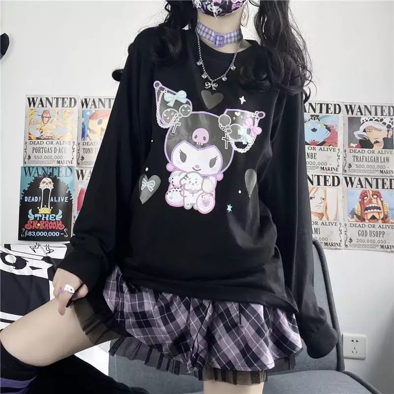 Cute Black Japanese Anime Cartoon Print Loose Oversize Long Sleeve T-shirt