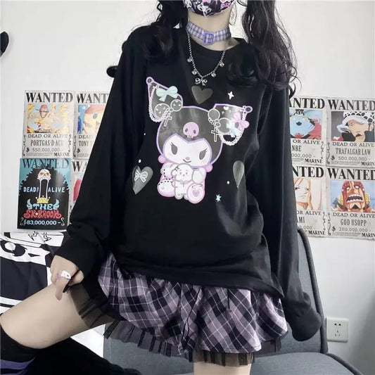 Cute Black Japanese Anime Cartoon Print Loose Oversize Long Sleeve T-shirt