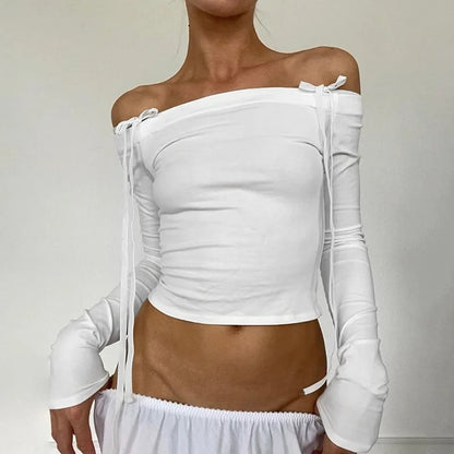 White Bow Off Shoulder Long Sleeve Top