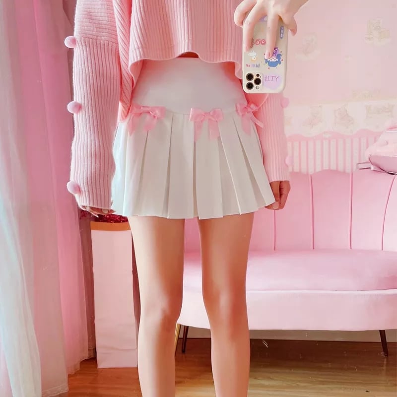White Flare Pink Bow Pleated Tennis Skirt