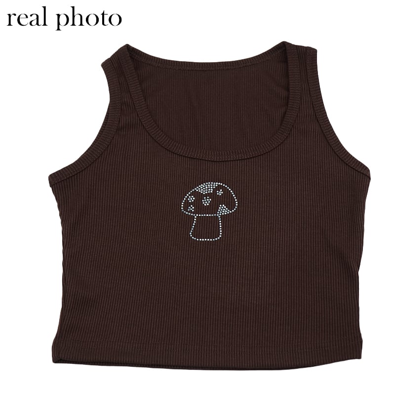 Cute 90s Vintage Brown Mushroom Diamond Aesthetics Crop Top Tank Sleeveless Shirt Summer Casual E-Girl Kawaii Korean Japanese Harajuku Streetwear