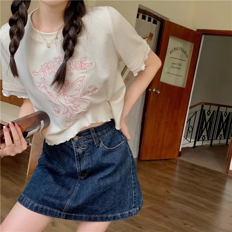 Sweet Fairy Embroidery Ruffle Short Sleeve T-shirt