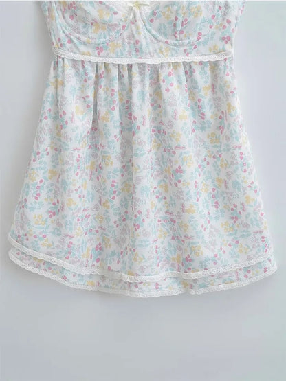 Floral Print Lace Trim Sling Dress