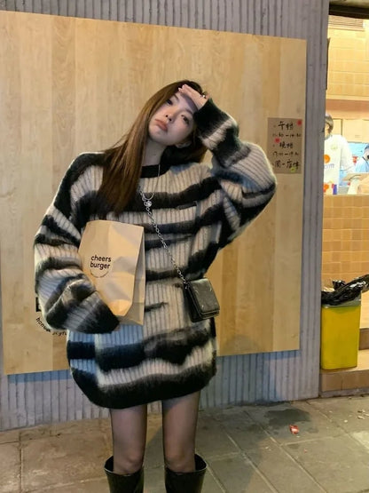 Black Stripe Knit Oversized Sweater