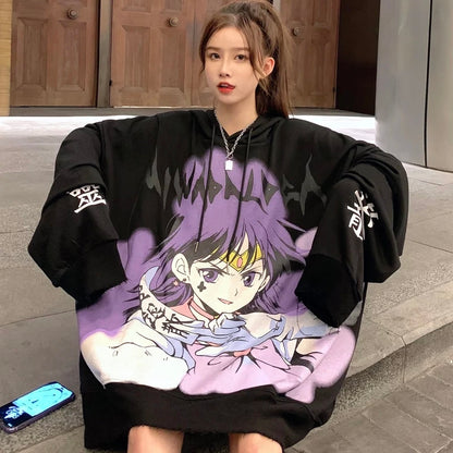 Cute Purple Anime Girl Graphic Print Oversize Long Sleeve Shirt Hoodie Punk Goth Aesthetic Casual E-Girl Kawaii Korean Japanese Harajuku
