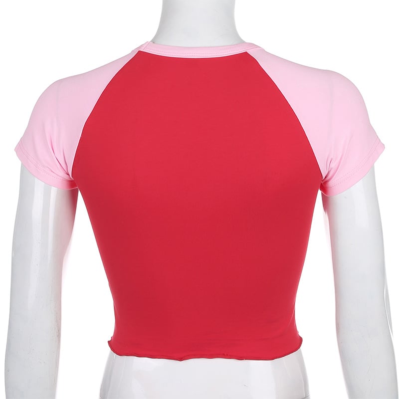 Cute Strawberry Embroidery Patchwork Short Sleeve Shirt Crop Top T-shirt Tee Casual Summer E-Girl Kawaii Korean Japanese Harajuku Streetwear