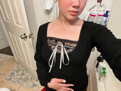 Black Lace Patchwork Long Sleeve Shirt