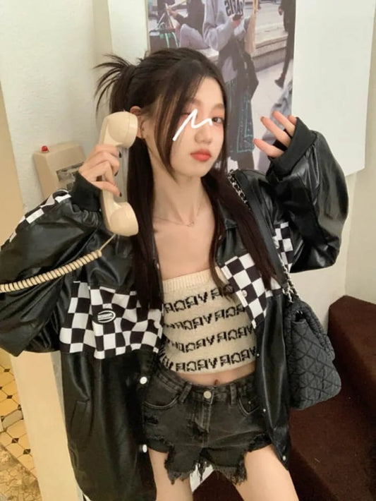 Black PU Leather Checkboard Loose Jacket