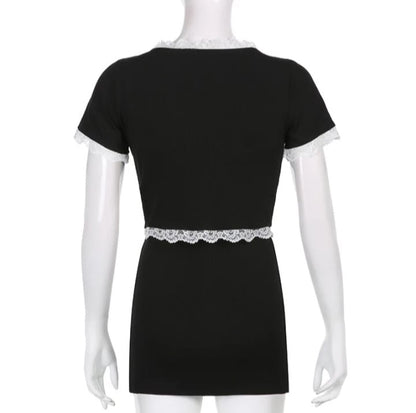 Cute Sweet Sexy 2pcs Lace Trim Split Dress Set + Short Sleeve Cardigan Crop Top Aesthetic Casual E-Girl Kawaii Korean Japanese Harajuku