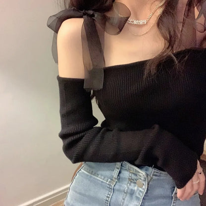 Black Bow Off Shoulder Mesh Sweater