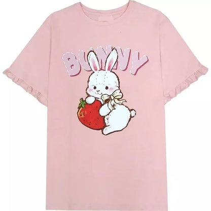 Pink Rabbit Ruffle Loose Short Sleeve T-shirt