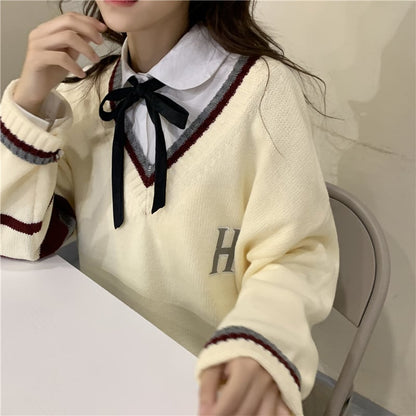 Cute Vintage Preppy V Neck Oversized Sweater Long Sleeve Shirt Pullover Hoodie Sweatshirt E-Girl Kawaii Korean Japanese Harajuku Retro Streetwear