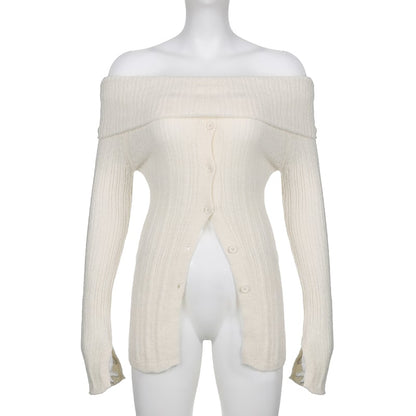 White Button Up Split Slash Neck Sweater