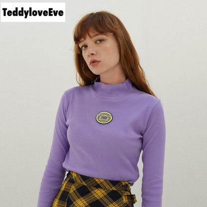 Cute Purple Knit Long Sleeve Shirt Turtleneck Sweatshirt T-shirt Top Autumn E-Girl Kawaii Korean Japanese Harajuku Streetwear