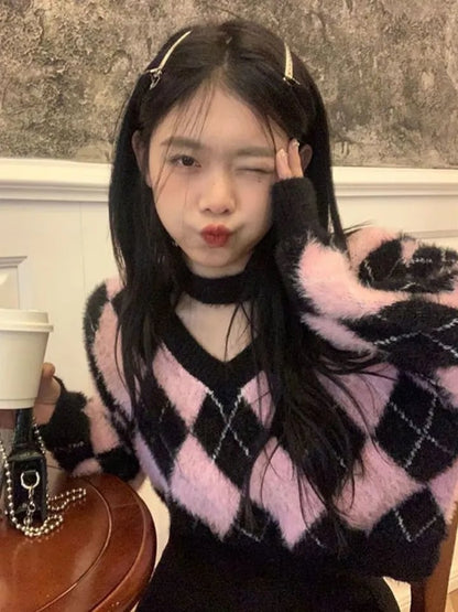 Black & Pink Lattice V Neck Sweater