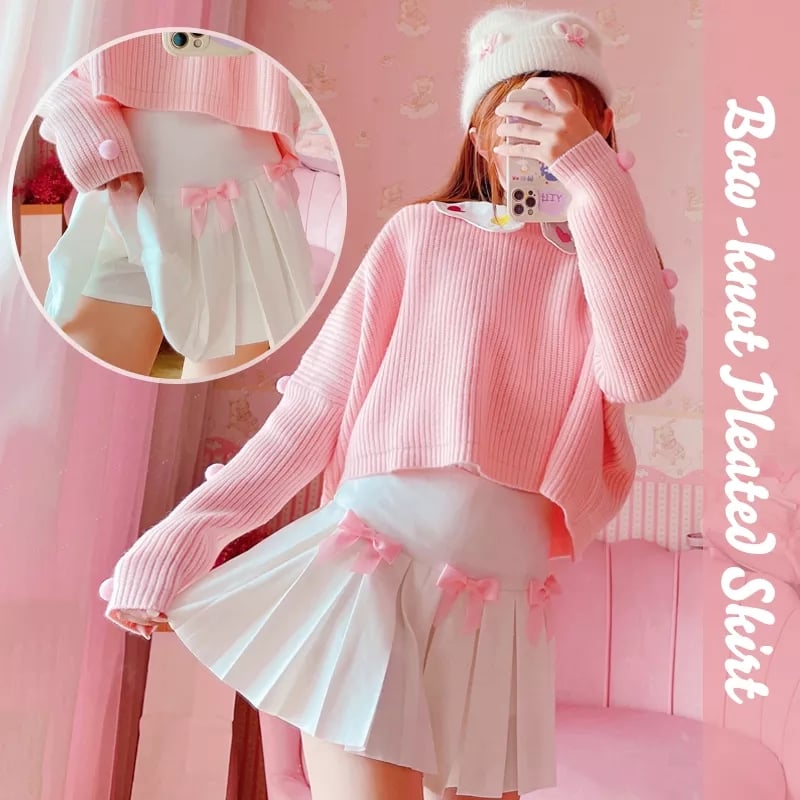 White Flare Pink Bow Pleated Tennis Skirt