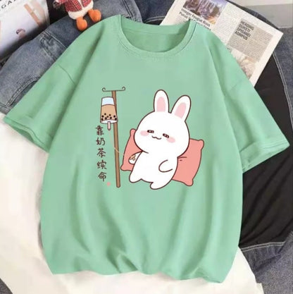Cute Rabbit Boba Bubble Milk Tea Graphic Cartoon Print Loose Short Sleeve T-shirt Aesthetic Casual Summer E-Girl Kawaii Korean Japanese Harajuku