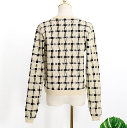 Cute 2 Pcs Gingham Plaid Sweater Knit Button Up Crop Top Shirt Tee T-shirt E-Girl Kawaii Korean Japanese Harajuku Chinese Retro Streetwear Aesthetic