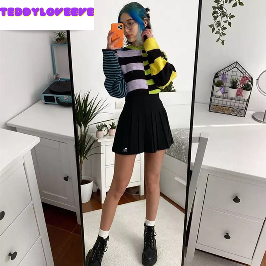 Vintage Stripe Rainbow Color Block Knit Sweater Sweatshirt Long Sleeve Pullover Jumper Goth Casual E-Girl Kawaii Korean Japanese Harajuku Streetwear