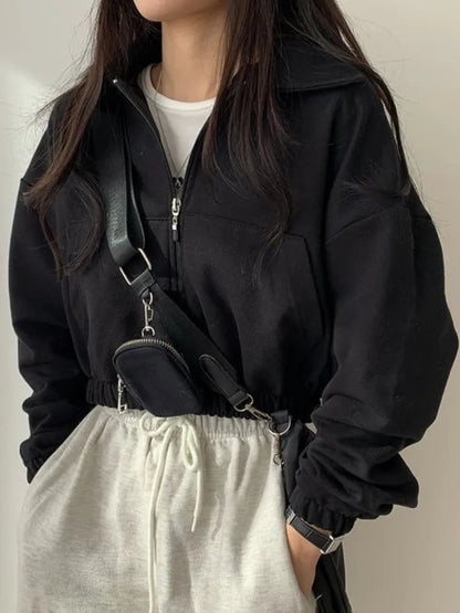 Black Cropped Zip Up Jacket