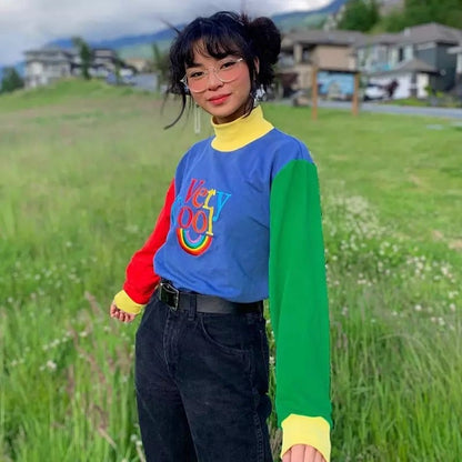 Cute Rainbow Cool Letter Embroidery Aesthetic Sweatshirt Long Sleeve Shirt Turtleneck Top Casual E-Girl Kawaii Korean Japanese Harajuku Streetwear