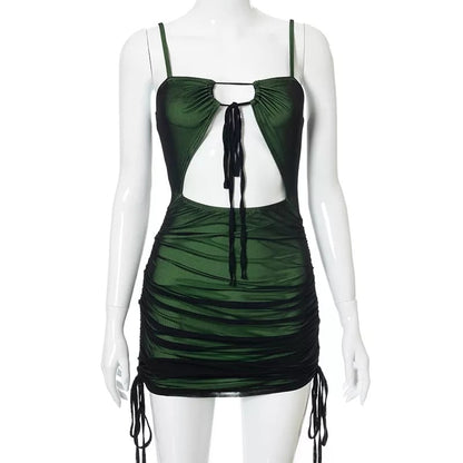 Cute Sexy Green Black Mesh Patchwork Bodycon Lace Up Mini Dress Summer Aesthetic Casual E-Girl Kawaii Korean Japanese Harajuku