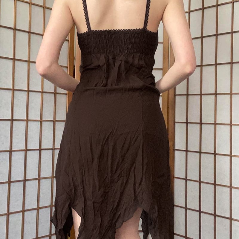 Brown Lace Patchwork Cross Bandage Midi Dress