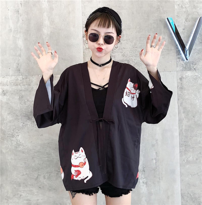 Pink Cat Blouse Kimono Cardigan Cartoon Print Loose Blouse Long Sleeve Shirt T-shirt Top E-Girl Kawaii Korean Japanese Harajuku Streetwear