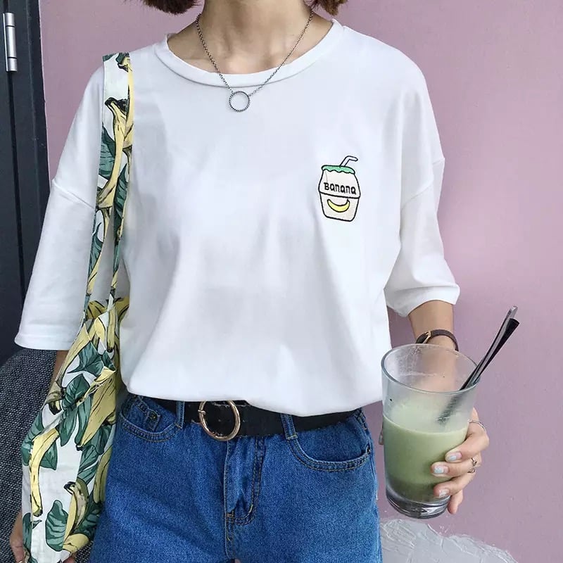 Cute Summer Banana Milk Drink Embroidery Yellow White Casual Short Sleeve Tee Shirt T-shirt Top E-Girl Kawaii Korean Japanese Harajuku Streetwear