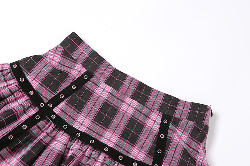 Pink Plaid Pleated Lace Mini Skirt