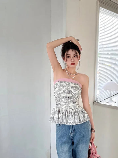 French Black & White Strapless Ruched Tube Top