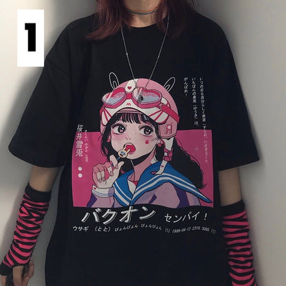 Anime Girl Cartoon Print Aesthetic Loose Short Sleeve Shirt T-shirt Top Punk Goth Summer Casual E-Girl Kawaii Korean Japanese Harajuku Streetwear
