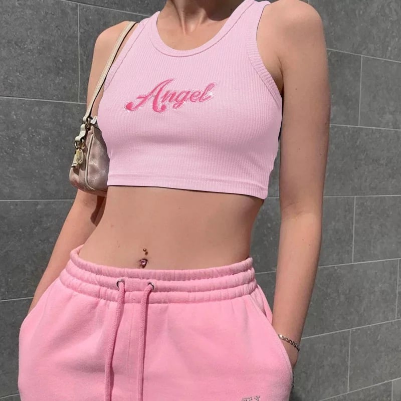 Cute Angel Letter Embroidery Sexy Crop Top Tank Sleeveless Shirt Tee T-shirt Summer Casual E-Girl Kawaii Korean Japanese Harajuku Streetwear