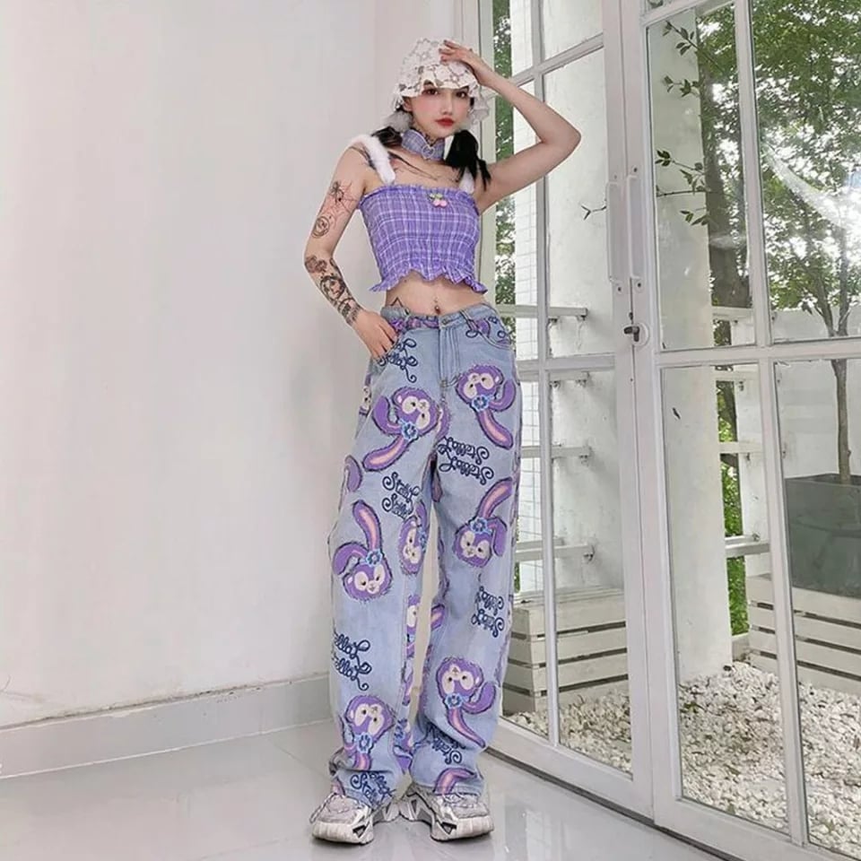Cute Bunny Rabbit Cartoon Print High Waisted Denim Long Wide Leg Jeans Pants Trouser Aesthetic Casual Summer E-Girl Kawaii Korean Japanese Harajuku
