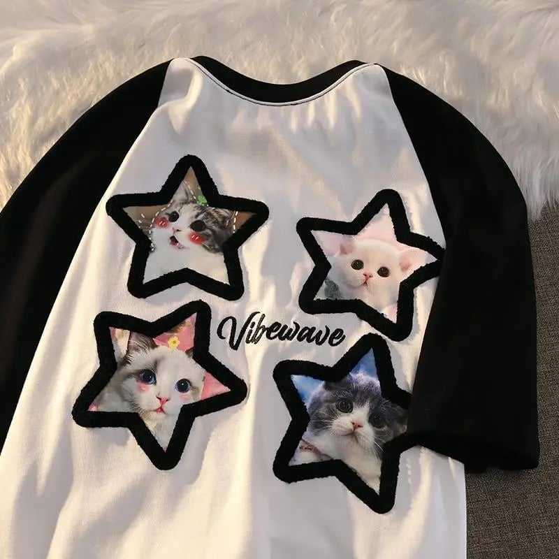 Pink Kawaii Cat Patchwork Short Sleeve T-shirt