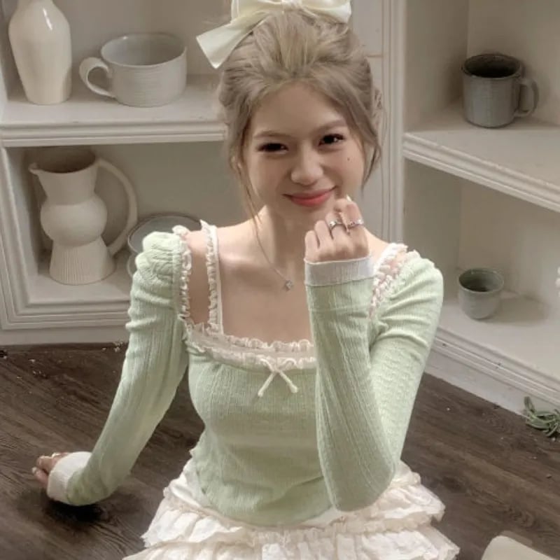 Green Lace Bow Long Sleeve Shirt