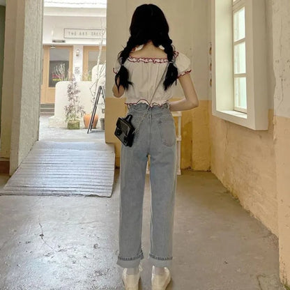 Heart Cut Out Buckle Light Blue Jeans