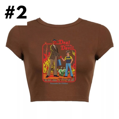 Cute Brown Alien Funny Cartoon Print Vintage Crop Top Short Sleeve Shirt Aesthetic Casual Summer E-Girl Kawaii Korean Japanese Harajuku