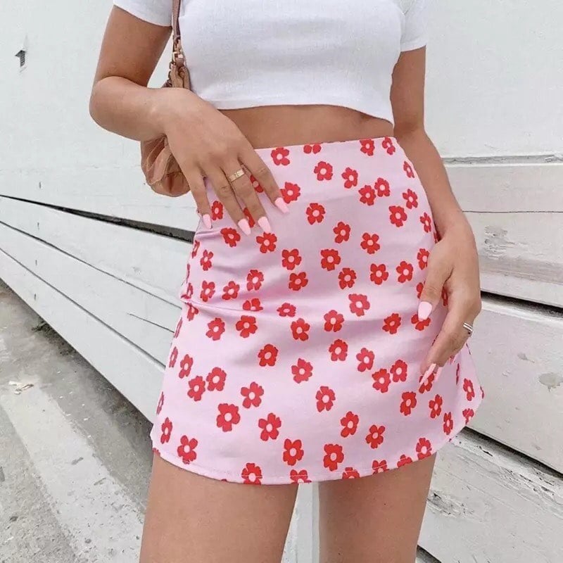 Cute 90s Vintage Pink Flower Floral Elegant A-line Boho Satin High Waisted Skirt Bottoms Aesthetic E-Girl Kawaii Korean Japanese Harajuku Streetwear