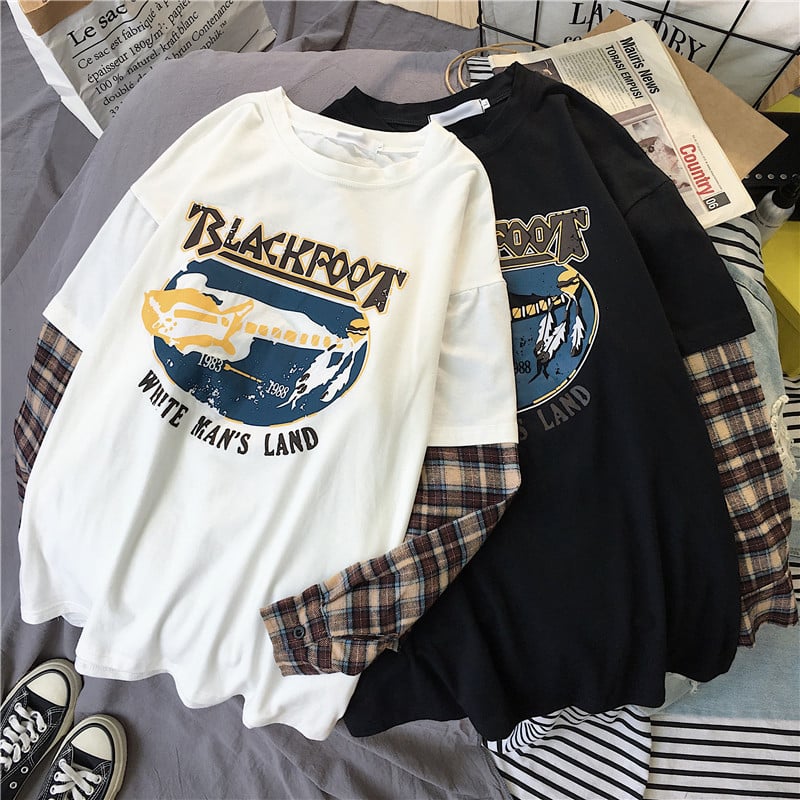 Black White Plaid Patchwork Print Loose Casual Sweatshirt Sweater Long Sleeve Shirt Pullover Jumper E-Girl Kawaii Korean Japanese Harajuku Streetwear