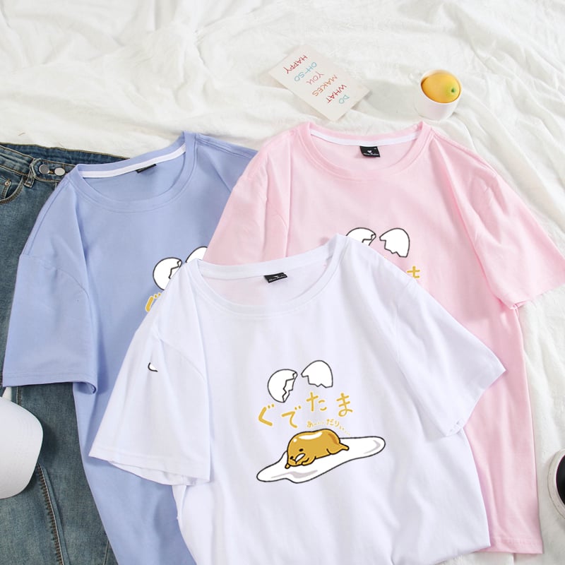 Funny Lazy Egg Cartoon Anime Print Casual Summer Loose Short Sleeve Tee Shirt T-shirt Top E-Girl Kawaii Korean Japanese Harajuku Streetwear
