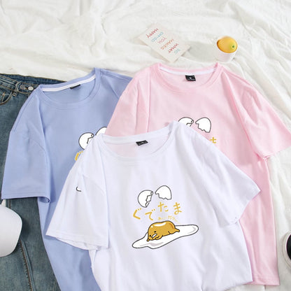 Funny Lazy Egg Cartoon Anime Print Casual Summer Loose Short Sleeve Tee Shirt T-shirt Top E-Girl Kawaii Korean Japanese Harajuku Streetwear