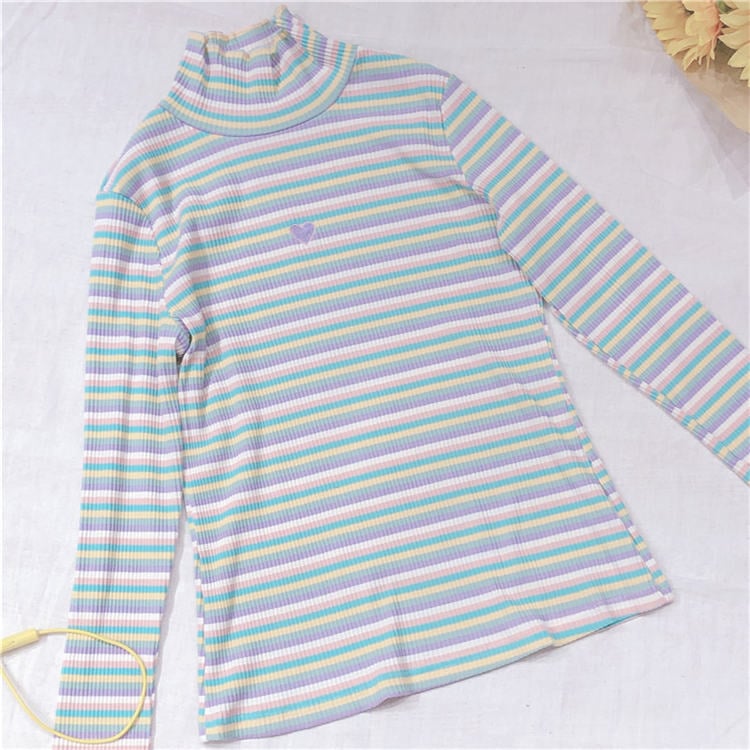 Cute Heart Sweet Rainbow Pastel Turtleneck Stripe Knit Long Sleeve Shirt Top Pullover Sweater E-Girl Kawaii Korean Japanese Harajuku Retro Streetwear